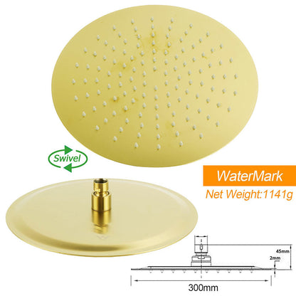 WELS Brushed Gold Dual Large Round Shower Set 12" Rain Head Stainless Steel Handheld Sliding Rail Small Face Mixer