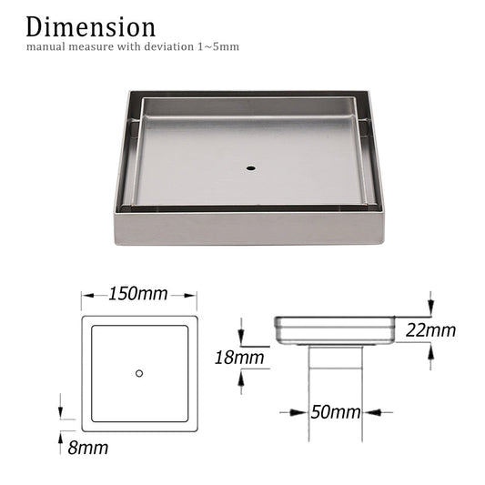 150x150mm Square Tile Insert Floor Drain Stainless Steel Shower Grate 50mm Waste