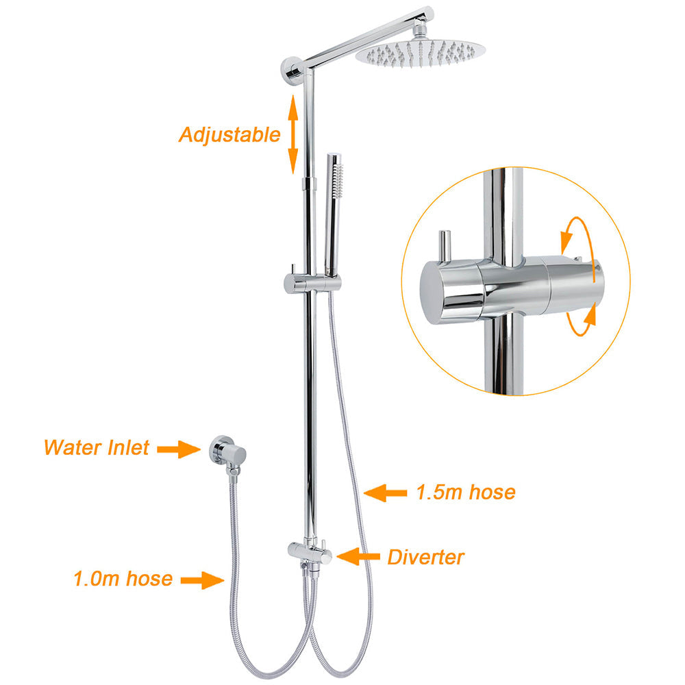 WELS Chrome Round 8" Thin Rainfall Head Metal Handheld Sliding Rail Arm Dual Shower Twin Taps Set