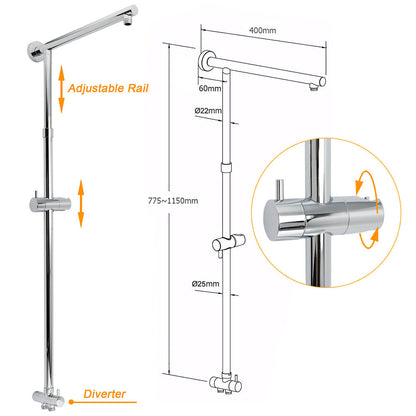 WELS Chrome Round 8" Thin Rainfall Head Metal Handheld Sliding Rail Arm Dual Shower Twin Taps Set