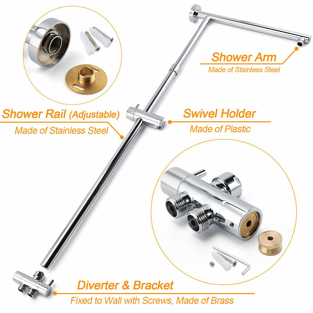 WELS Chrome Round 8" Thin Rainfall Head Metal Handheld Sliding Rail Arm Dual Shower Twin Taps Set