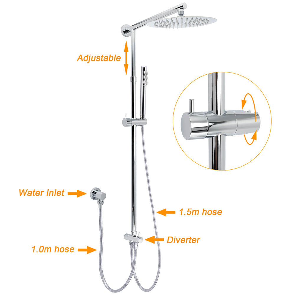 WELS Chrome 10" Round Rain Handheld Double Shower Head Rose Sliding Rail Arm Diverter Set
