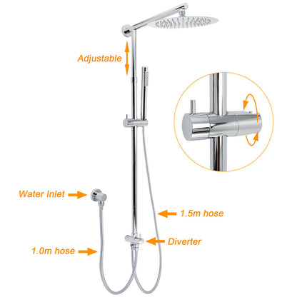 WELS Chrome 10" Round Rain Handheld Double Shower Head Rose Sliding Rail Arm Diverter Set