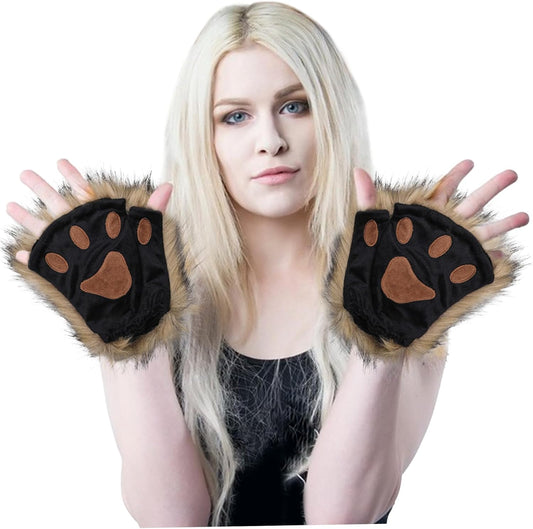 Therian Paws, Cat Paw 1 Pair Half Finger Therian Paws Cute Embroidered Fur Paws Decorative Realistic Paw Gloves for Kids Adults Cosplay Stage, Black Black