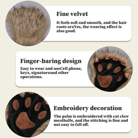 Therian Paws, Cat Paw 1 Pair Half Finger Therian Paws Cute Embroidered Fur Paws Decorative Realistic Paw Gloves for Kids Adults Cosplay Stage, Black Black