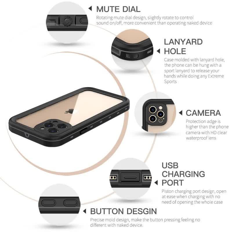 IP68 Waterproof Case for iPhone 15 14 13 12 11 Pro Max XS Max XR 7 8 RedPepper Transparent Protection Diving Underwater Swimming Outdoor Sports Black Black i-Phone 15.
