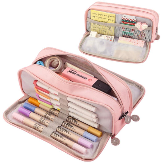 Large Capacity Pencil Case, 3 Compartments, Bag, School Pink.
