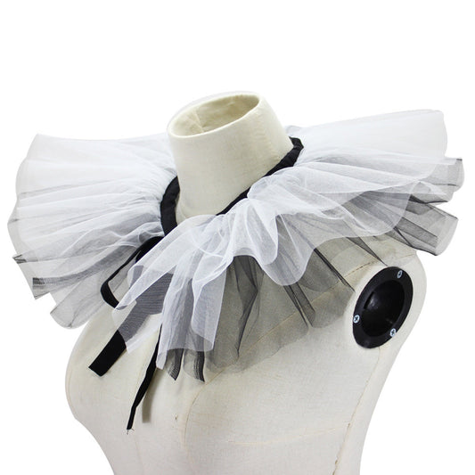Women's Renaissance Tulle Ruffled False Collar Layered Black White Mesh Clown Choker Lace Up Victorian Neck Ruff Shawl Cosplay Props.