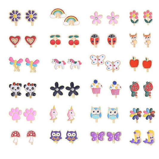 24 Pairs Girls Clip-on Earrings Children Cute Flower Metal Earring Princess Dress Up.