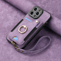 Suitable for iPhone mobile phone leather case RFID anti-theft brush ring buckle lanyard multifunctional card case Light Purple [With Leather Strap] Light Purple [With Leather Lanyard]] iPhone 15.