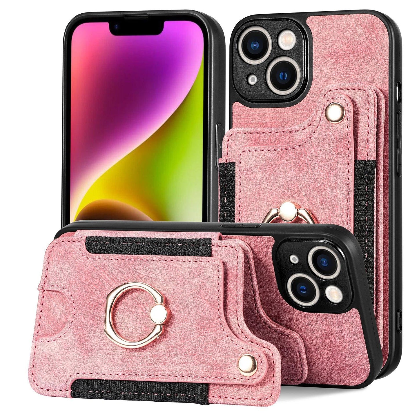 Suitable for iPhone mobile phone leather case RFID anti-theft brush ring buckle lanyard multifunctional card case Light Purple [With Leather Strap] Light Purple [With Leather Lanyard]] iPhone 15.