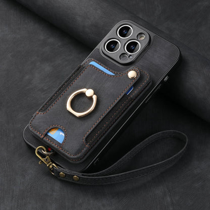 Suitable for iPhone mobile phone leather case RFID anti-theft brush ring buckle lanyard multifunctional card case Light Purple [With Leather Strap] Light Purple [With Leather Lanyard]] iPhone 15.
