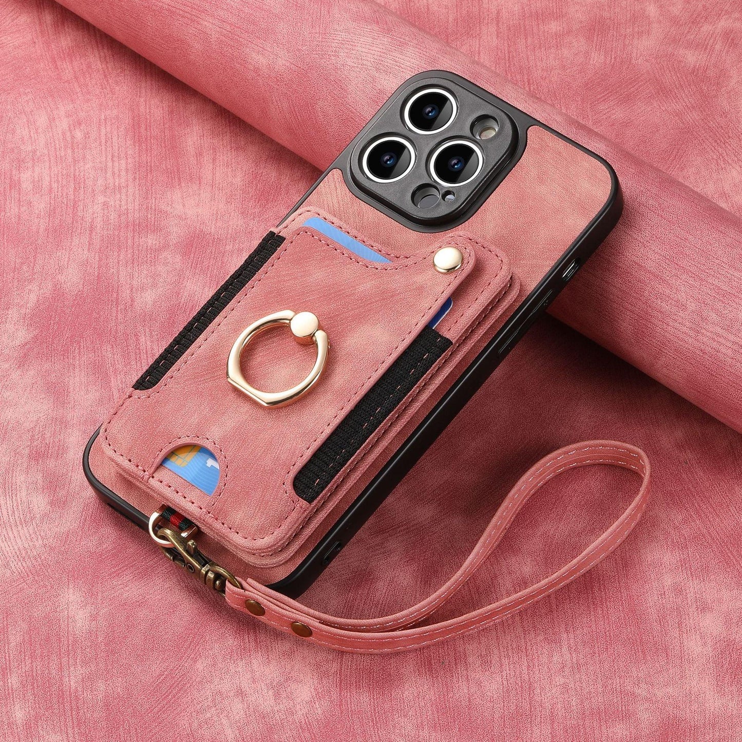 Suitable for iPhone mobile phone leather case RFID anti-theft brush ring buckle lanyard multifunctional card case Light Purple [With Leather Strap] Light Purple [With Leather Lanyard]] iPhone 15.