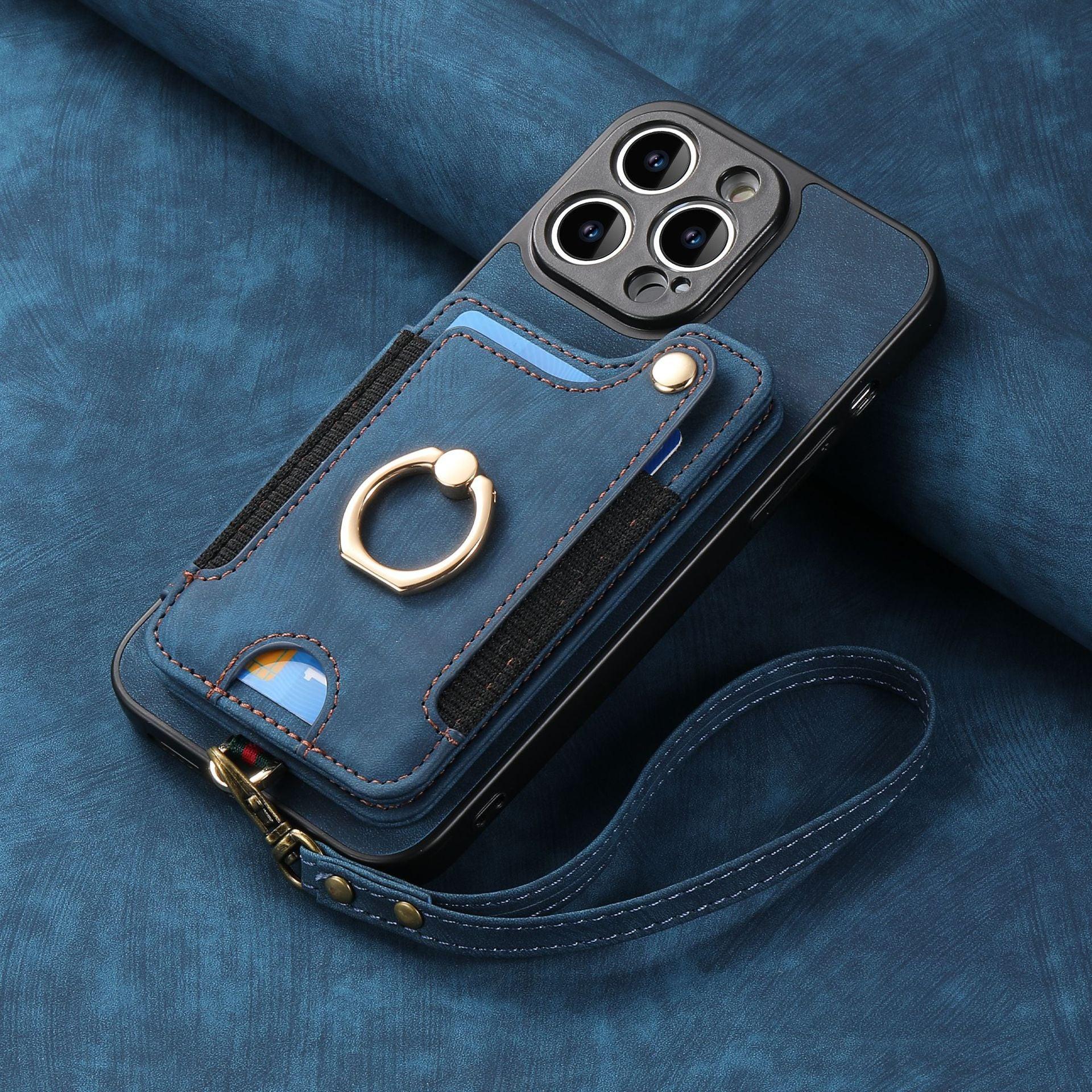 Suitable for iPhone mobile phone leather case RFID anti-theft brush ring buckle lanyard multifunctional card case Light Purple [With Leather Strap] Light Purple [With Leather Lanyard]] iPhone 15.