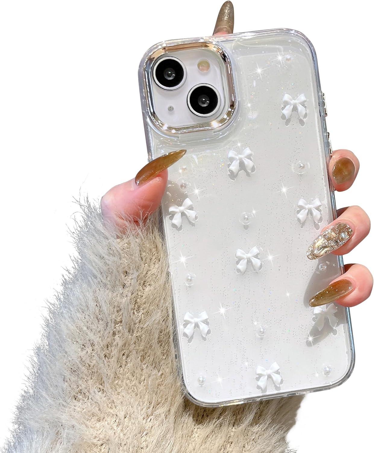 Phone Case Compatible with iPhone 15, Shiny 3D Bowknot Phone Case, Cute Transparent Bowknot, Thin, Soft and Durable, White iPhone 15.