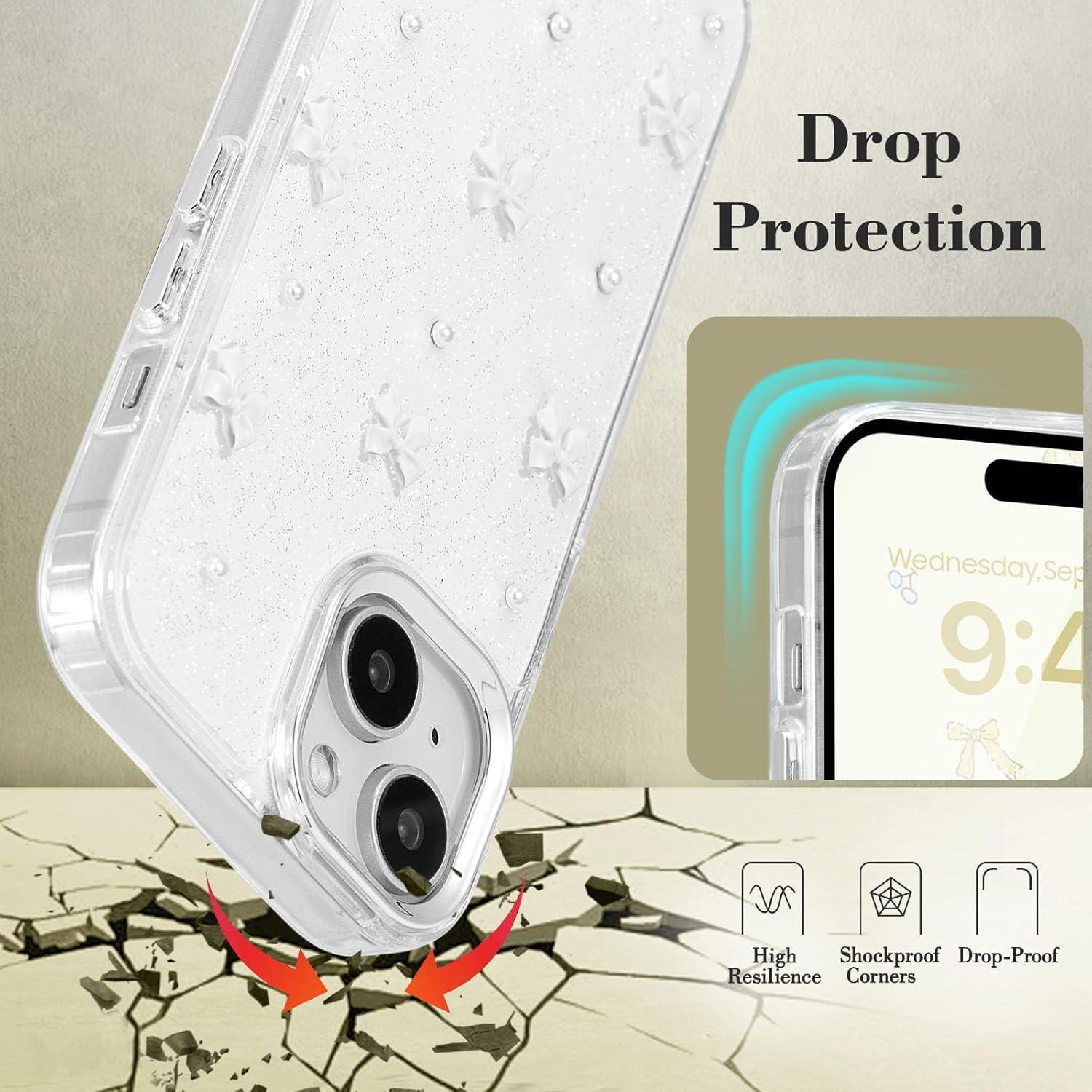 Phone Case Compatible with iPhone 15, Shiny 3D Bowknot Phone Case, Cute Transparent Bowknot, Thin, Soft and Durable, White iPhone 15.