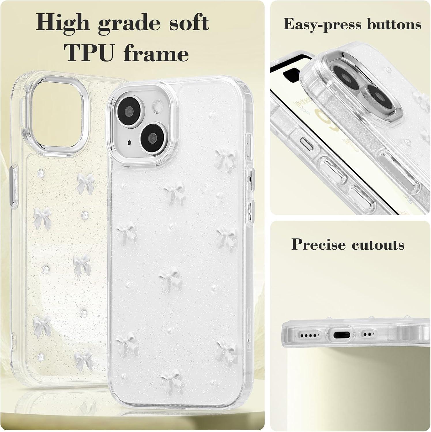 Phone Case Compatible with iPhone 15, Shiny 3D Bowknot Phone Case, Cute Transparent Bowknot, Thin, Soft and Durable, White iPhone 15.