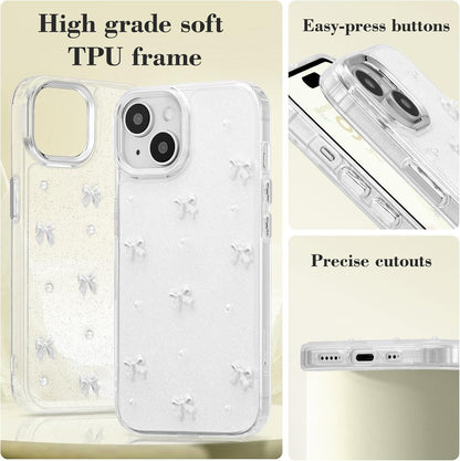 Phone Case Compatible with iPhone 15, Shiny 3D Bowknot Phone Case, Cute Transparent Bowknot, Thin, Soft and Durable, White iPhone 15.