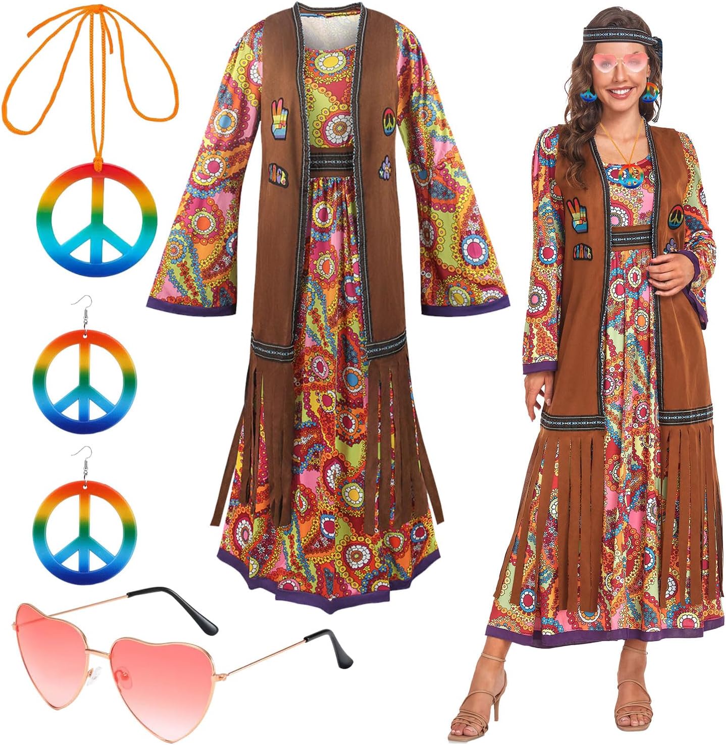 60s costume women, hippie women's dress set, 70s disco halloween outfits, hippie clothing women's costume, 60s clothing accessories M.