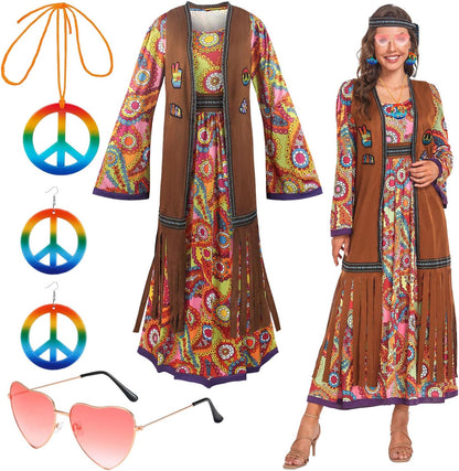 60s costume women, hippie women's dress set, 70s disco halloween outfits, hippie clothing women's costume, 60s clothing accessories M.