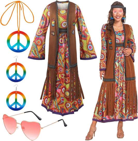 60s costume women, hippie women's dress set, 70s disco halloween outfits, hippie clothing women's costume, 60s clothing accessories M.