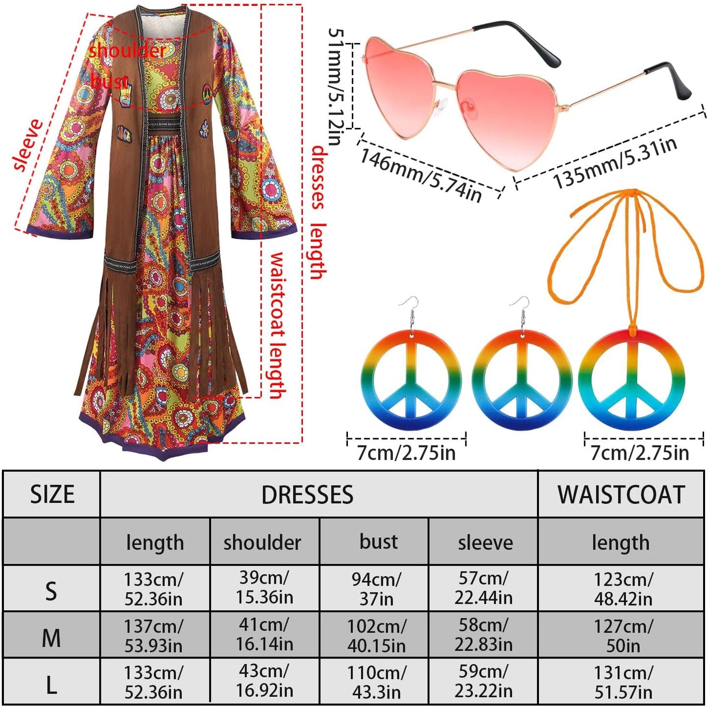 60s costume women, hippie women's dress set, 70s disco halloween outfits, hippie clothing women's costume, 60s clothing accessories M.