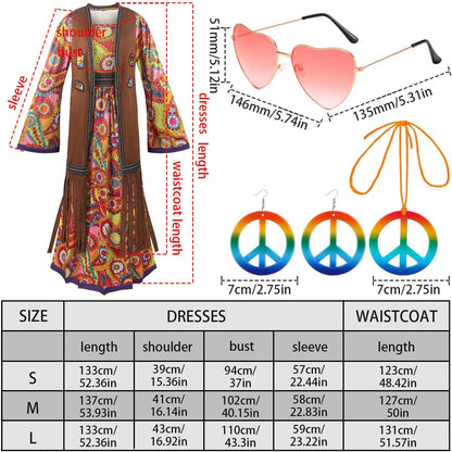 60s costume women, hippie women's dress set, 70s disco halloween outfits, hippie clothing women's costume, 60s clothing accessories M.