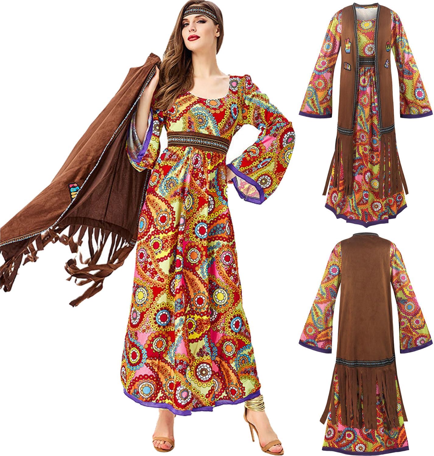 60s costume women, hippie women's dress set, 70s disco halloween outfits, hippie clothing women's costume, 60s clothing accessories M.