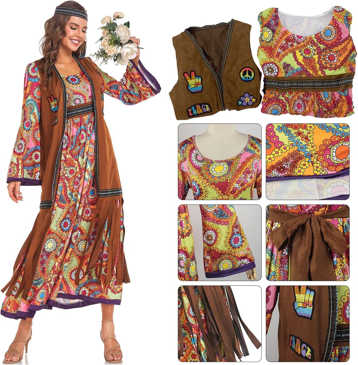 60s costume women, hippie women's dress set, 70s disco halloween outfits, hippie clothing women's costume, 60s clothing accessories M.