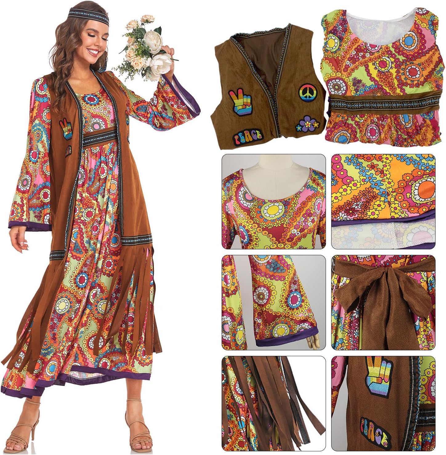 60s costume women, hippie women's dress set, 70s disco halloween outfits, hippie clothing women's costume, 60s clothing accessories M.