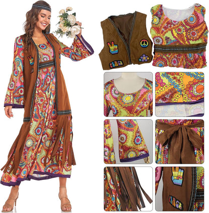 60s costume women, hippie women's dress set, 70s disco halloween outfits, hippie clothing women's costume, 60s clothing accessories M.