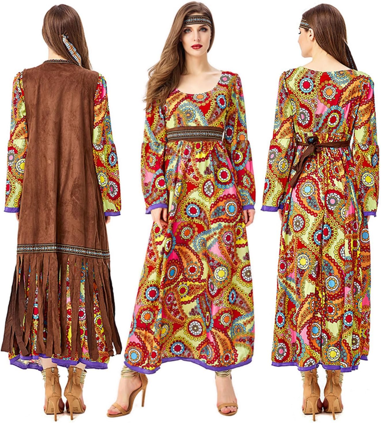 60s costume women, hippie women's dress set, 70s disco halloween outfits, hippie clothing women's costume, 60s clothing accessories M.