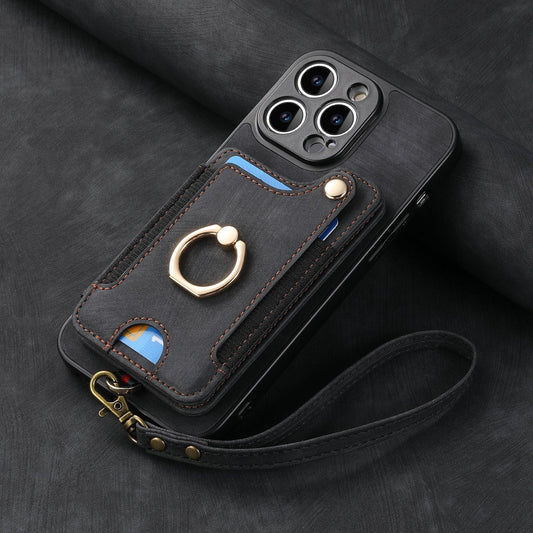 Mobile Phone Leather Case Compatible with iPhone RFID Anti-Theft Swipe Loop Buckle Rope Multifunctional Card Holder Black [With Leather Strap] Black [With Leather Lanyard]] iPhone 15 Pro Max.