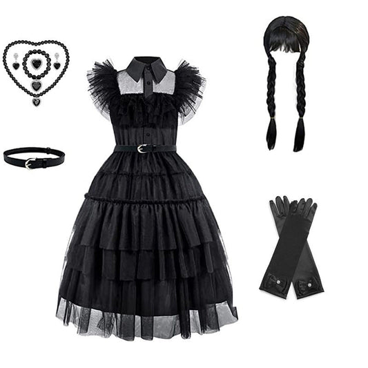 Girls' dress cosplay Wednesday Brigitte princess dress lace details puff sleeves children Wednesday 9pcs 120