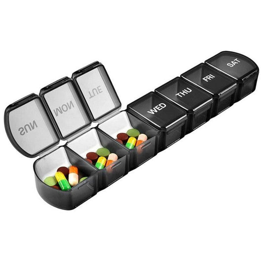 Medicine dispenser for 1 week with large compartments black.
