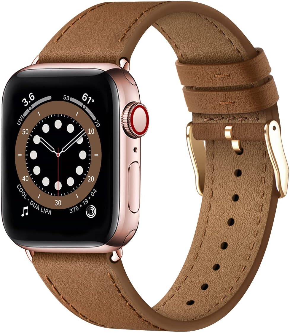 Apple Watch Leather Strap, Genuine Leather Replacement Band for Apple Watch Series 9 8 7 6 5 4 3 2 1 & iWatch SE, Ultra (38mm 40mm 41mm, Brown) Brown