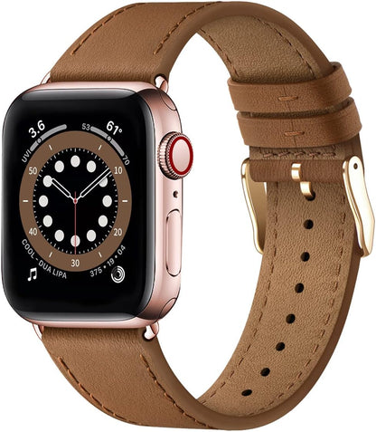 Apple Watch Leather Strap, Genuine Leather Replacement Band for Apple Watch Series 9 8 7 6 5 4 3 2 1 & iWatch SE, Ultra (38mm 40mm 41mm, Brown) Brown