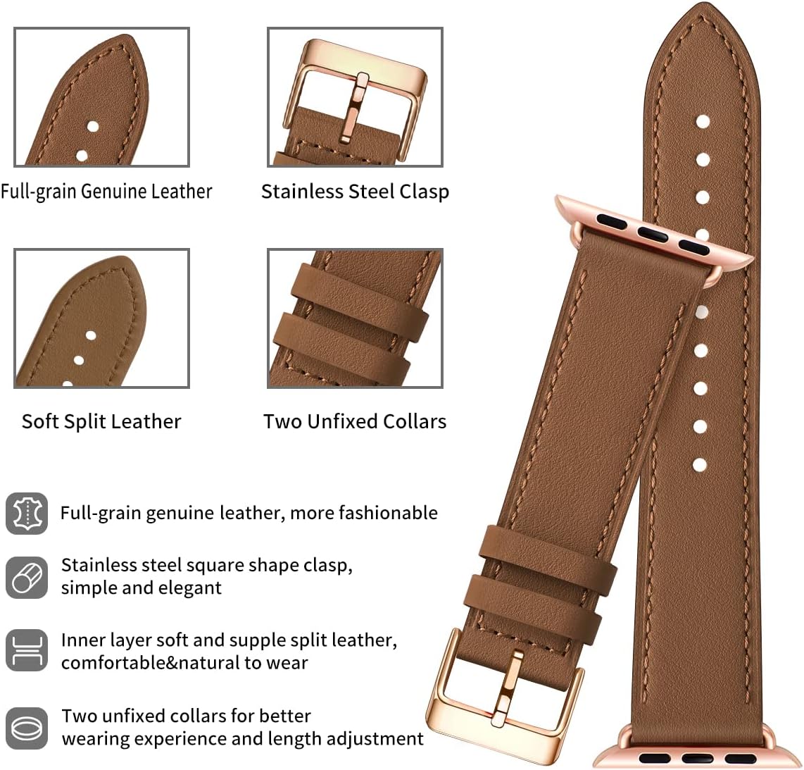 Apple Watch Leather Strap, Genuine Leather Replacement Band for Apple Watch Series 9 8 7 6 5 4 3 2 1 & iWatch SE, Ultra (38mm 40mm 41mm, Brown) Brown