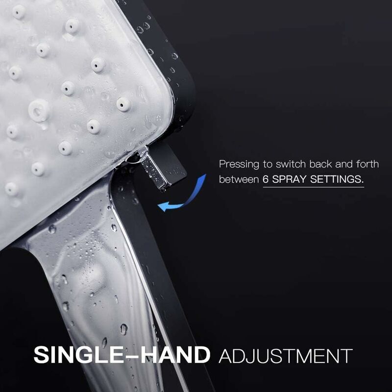 Shower Head, Large Square Shower Head with One-Hand Control, High Pressure Shower Head with 6 Shower Modes, Chrome, from DEBUNS