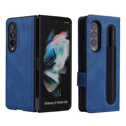 Full Protective Magnetic Leather Case Compatible with Samsung Galaxy Z Fold 3 with Card Slot Stand. Blue.