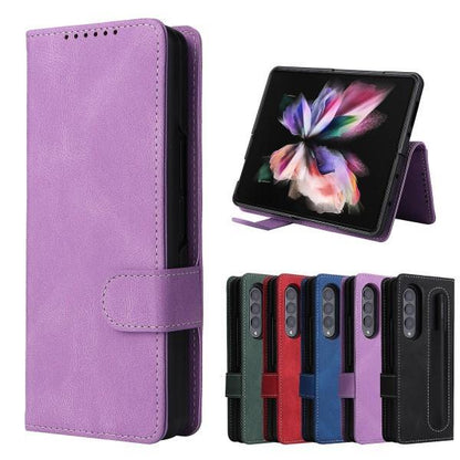 Full Protective Magnetic Leather Case Compatible with Samsung Galaxy Z Fold 3 with Card Slot Stand. Blue.