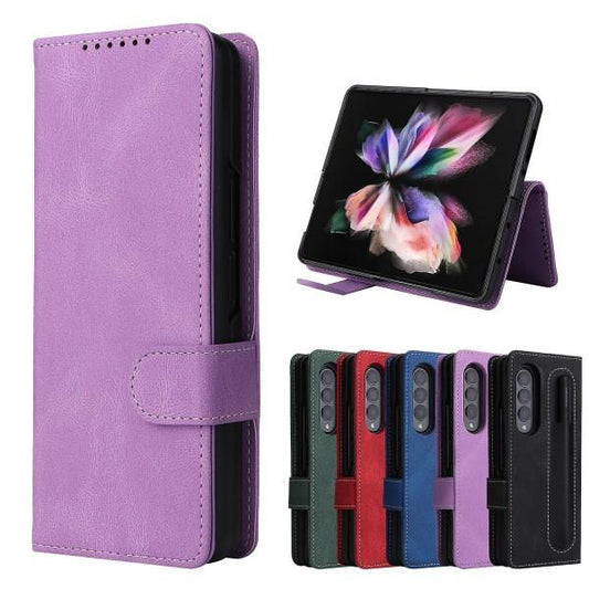 Full Protective Magnetic Leather Case Compatible with Samsung Galaxy Z Fold 3 with Card Slot Stand. Blue.