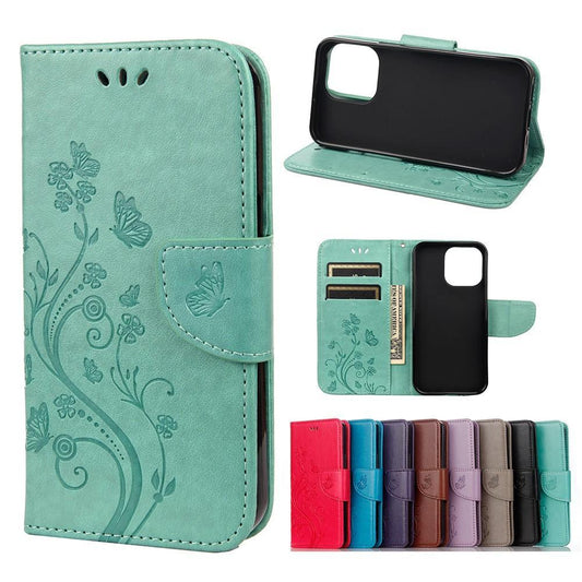 Butterfly Floral Wallet Case for iPhone 13 - Green Green Green.