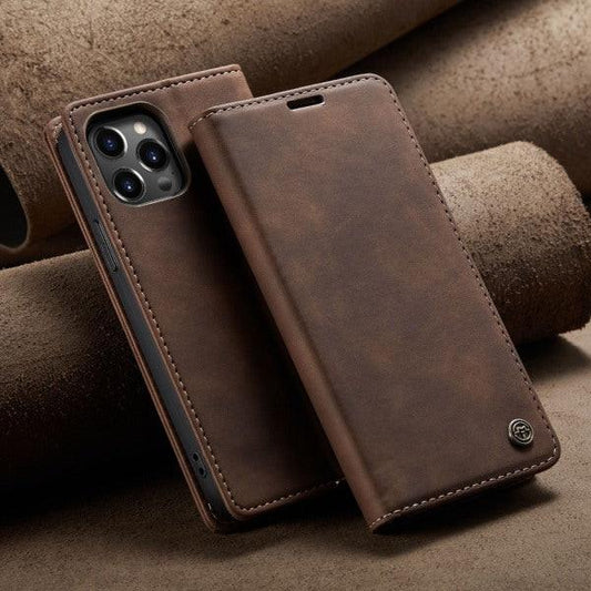 Compatible with iPhone 13 mobile case leather case flip case coffee Apple 13_max.