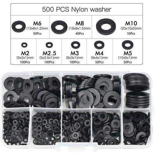 500pcs Black Plastic Washers Lock Washers Fasteners, Self-Locking Washer Assortment Mechanical Washer M2.5 M3 M4 M5 M6 M8 M10.
