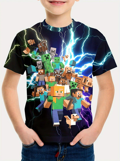 Minecraft T-shirt for boys and girls, cute pattern design, cartoon print, round neck, funny short sleeve top, casual spring summer children G 130cm.