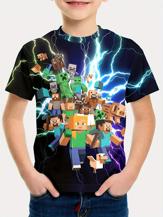 Minecraft T-shirt for boys and girls, cute pattern design, cartoon print, round neck, funny short sleeve top, casual spring summer children G 130cm.