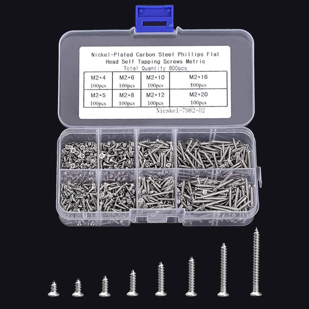 800pcs Small M2 Self Tapping Screws Assortment Box, Countersunk Phillips Flat Head Wood Screws (M2-4mm 5mm 6mm 8mm 10mm 12mm 16mm 20mm).