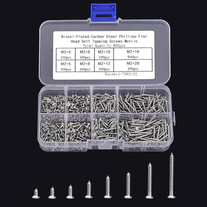 800pcs Small M2 Self Tapping Screws Assortment Box, Countersunk Phillips Flat Head Wood Screws (M2-4mm 5mm 6mm 8mm 10mm 12mm 16mm 20mm).