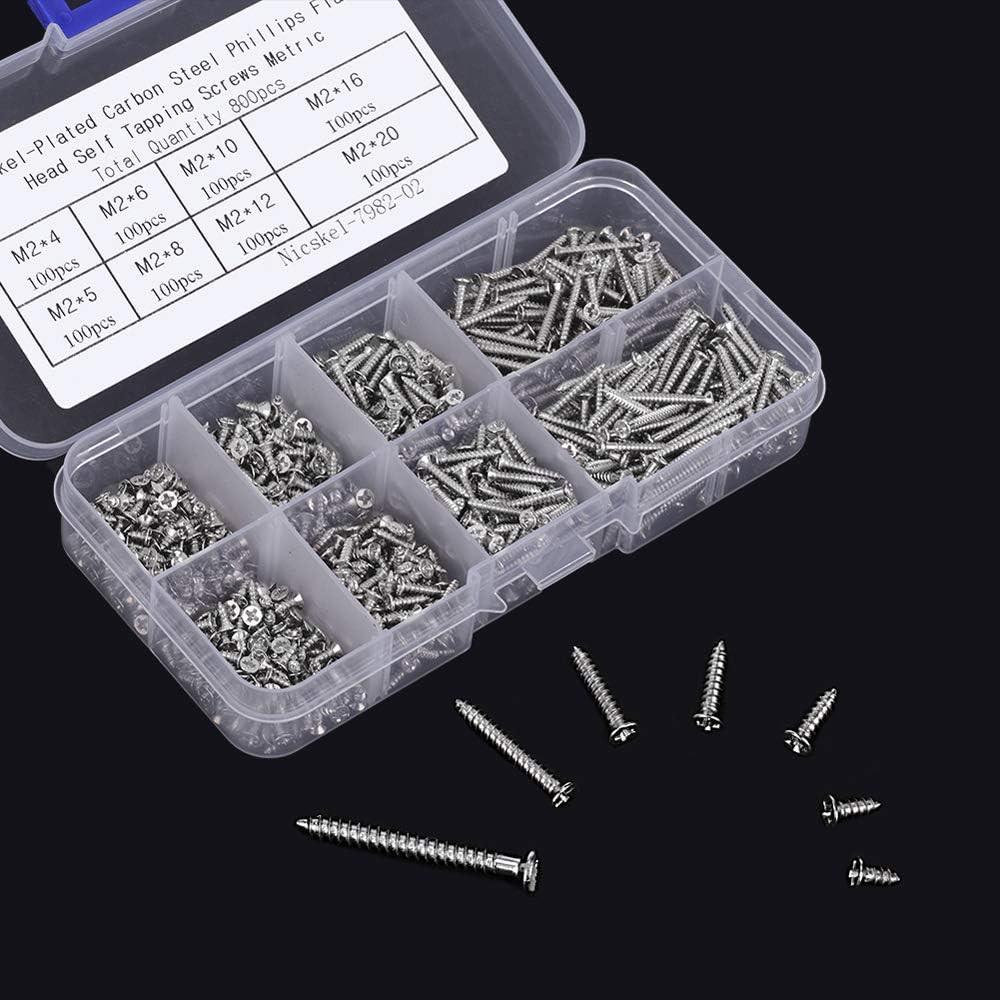 800pcs Small M2 Self Tapping Screws Assortment Box, Countersunk Phillips Flat Head Wood Screws (M2-4mm 5mm 6mm 8mm 10mm 12mm 16mm 20mm).